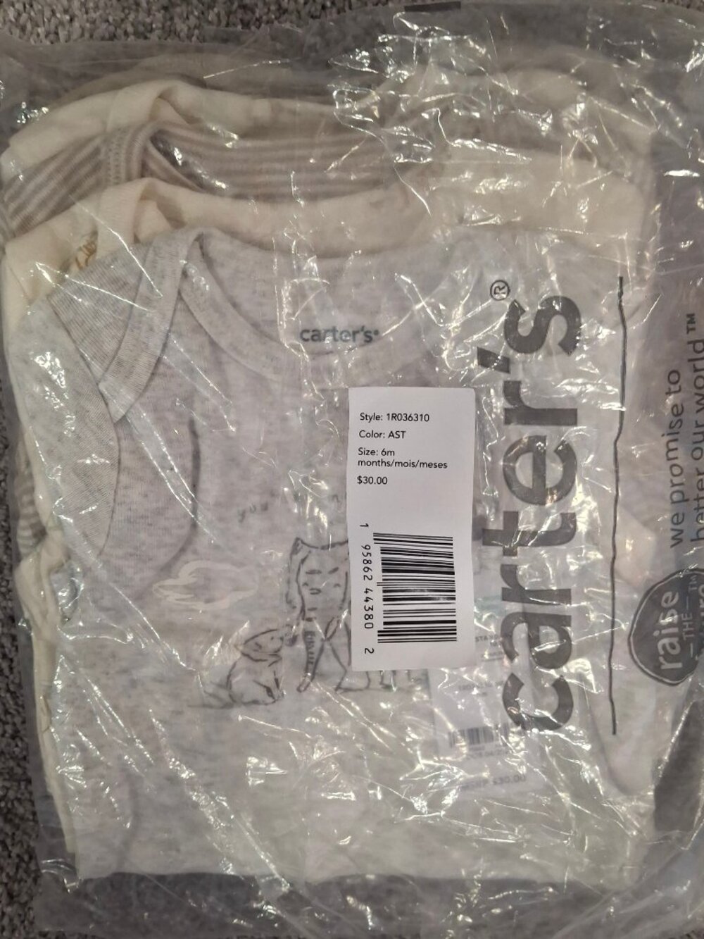 5 pack short sleeve Bodysuit, Gray Cream Stripe Elephant, Carters 3-6 months